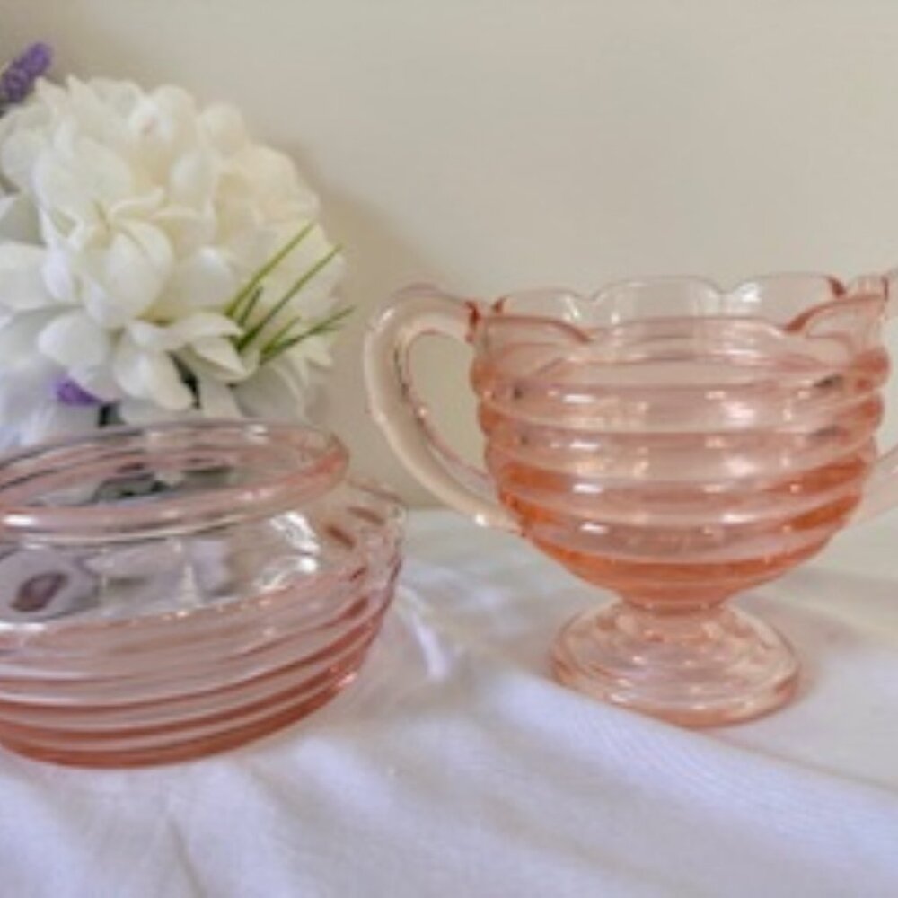 Vintage Duncan & Miller Pink Ripple Glass Sugar Bowl and Trinket Dish‎ – Elegant